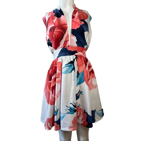 Akira Chicago Fit Flare Dress High Neck Floral Print Sleeveless White Red Small - Picture 2 of 7